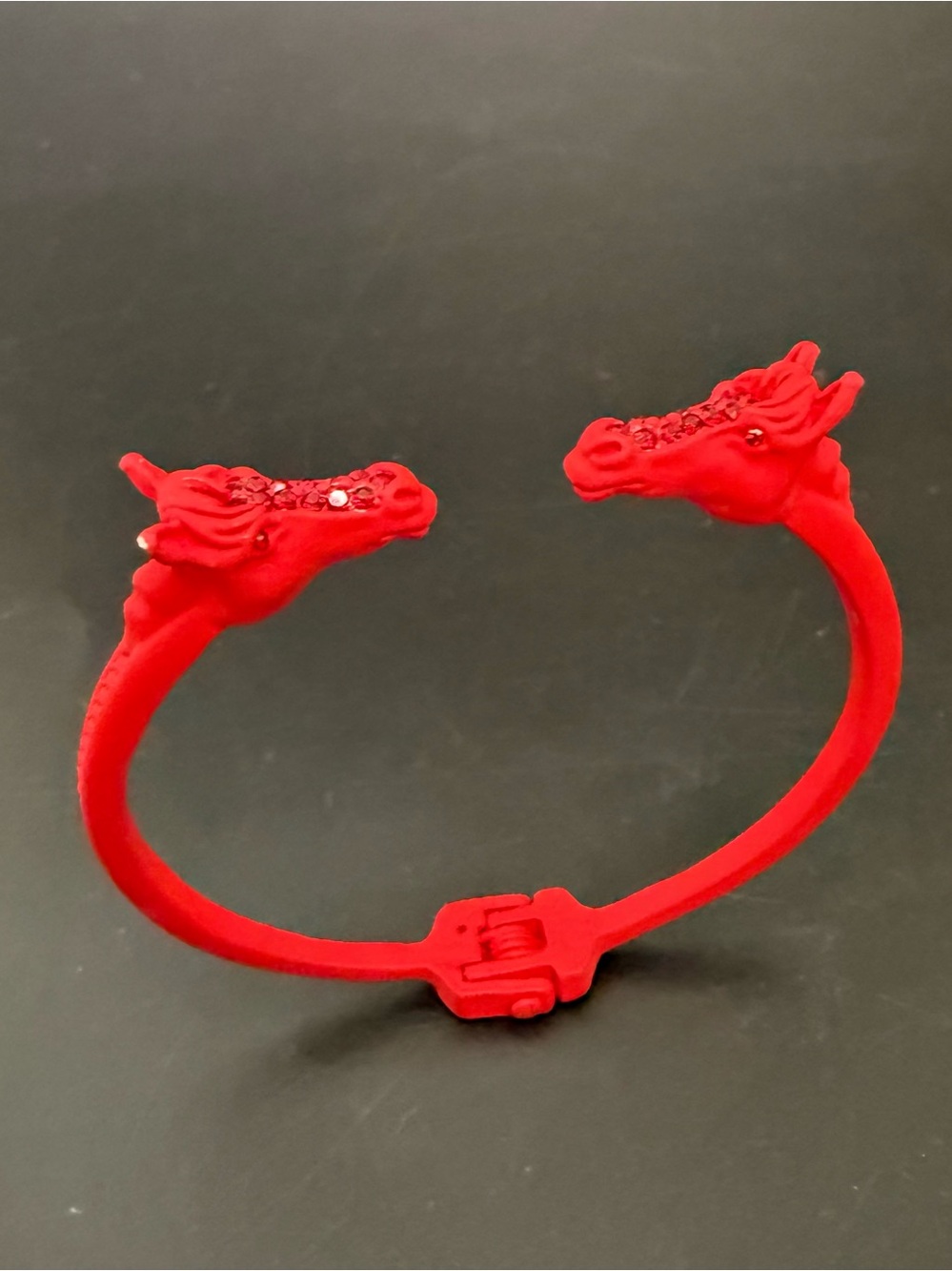 Red-tone Double Horse Head with Rhinestones Open Cuff Bangle Bracelet